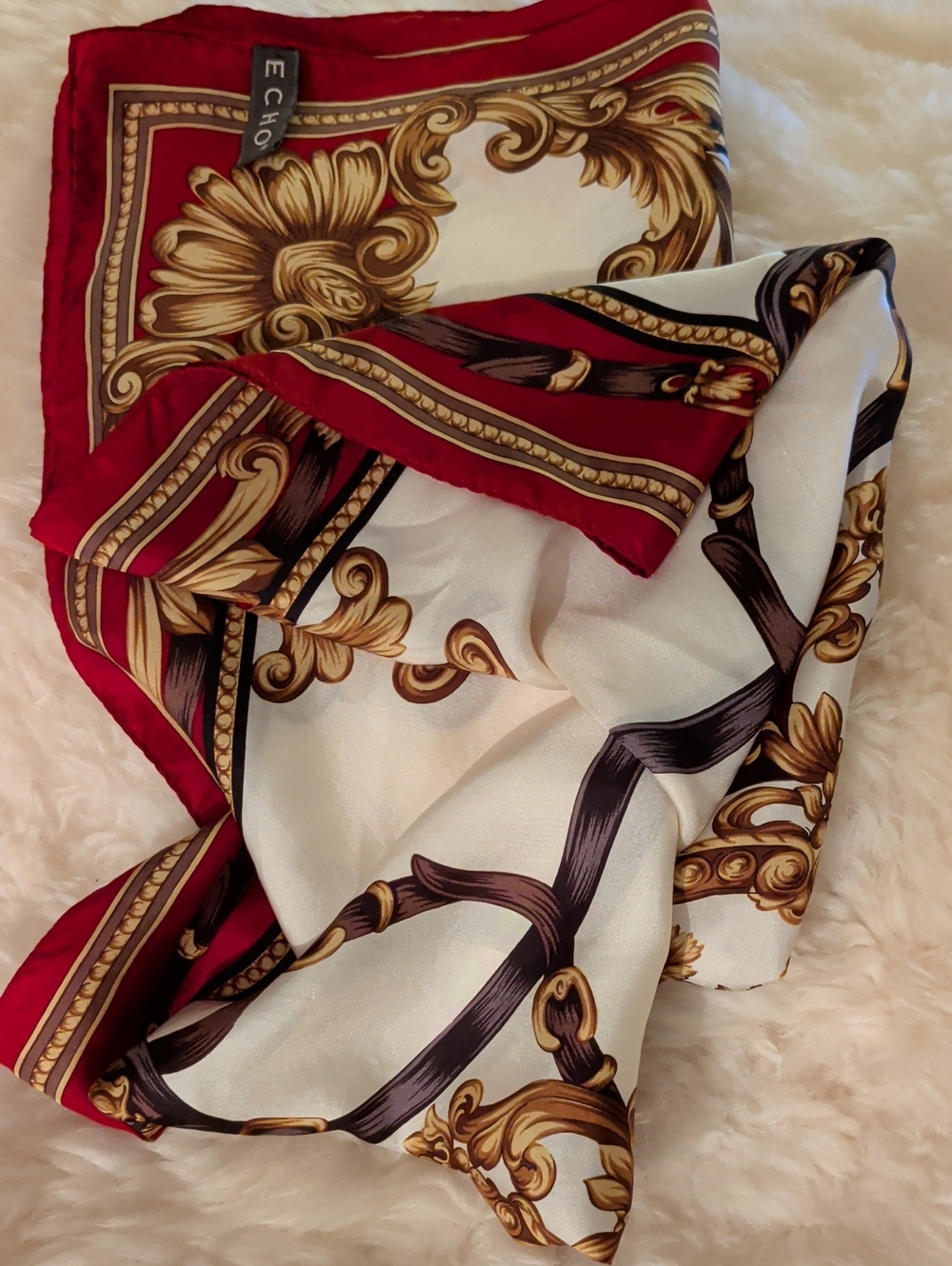 Echo Baroque Print Silk-Blend Scarf in Red, Gold & Cream